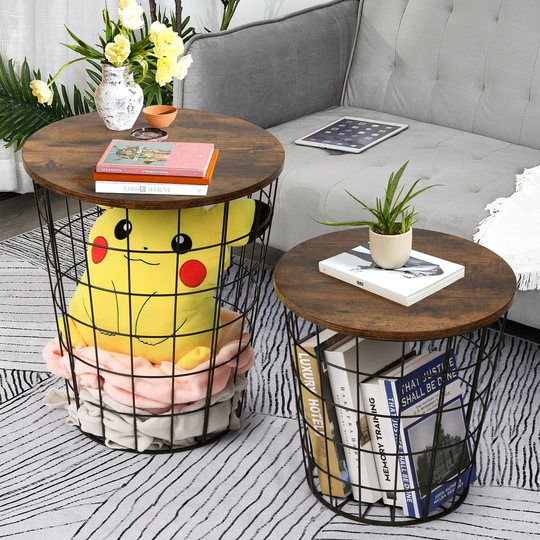 Round End Tables with Storage - Stacking Nesting Tables with Removeable Top and Steel Frame, Side Tables