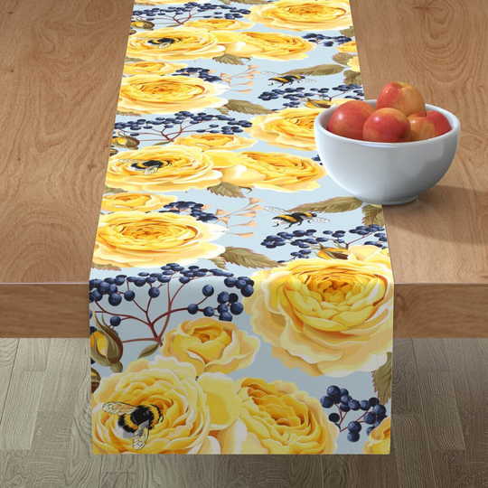 Spring Garden Table Runner - Blue Yellow Chintz By Nouveau Design Bumblebee Large Scale Cotton Sateen Spoonflower