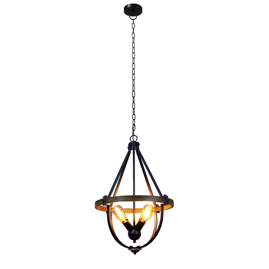 4-light Black/ Wood Hanging Pendant