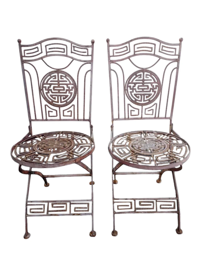 Mid 20Th Century Ming Greek Key Art Deco Wrought Iron Folding Chairs - A Pair