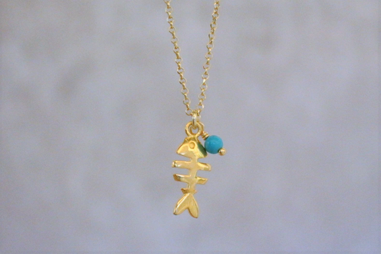 Dainty Fishbone Summer Necklace, Charm Pendant Gift For Her, Turquoise Birthday Gifts