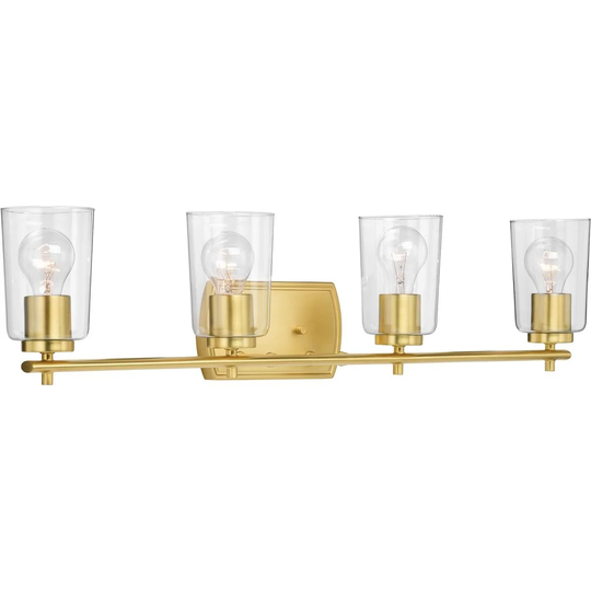 Adley Collection Four-Light Satin Brass Clear Glass New Traditional Bath Vanity Light - 32 in x 6 in x 7.625 in