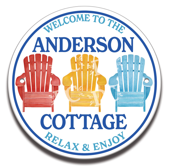 Beach Chairs Cottage Ceramic House Welcome Circle Tile, Front Door Sign, Themed Adirondack
