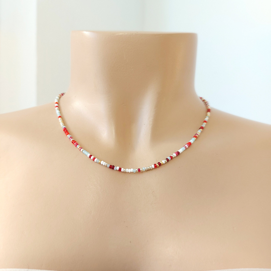 Multi Color Necklace, Seed Bead Colorful Simple Layering Boho Dainty Necklace, Thin Beaded Necklace, Red, Mint