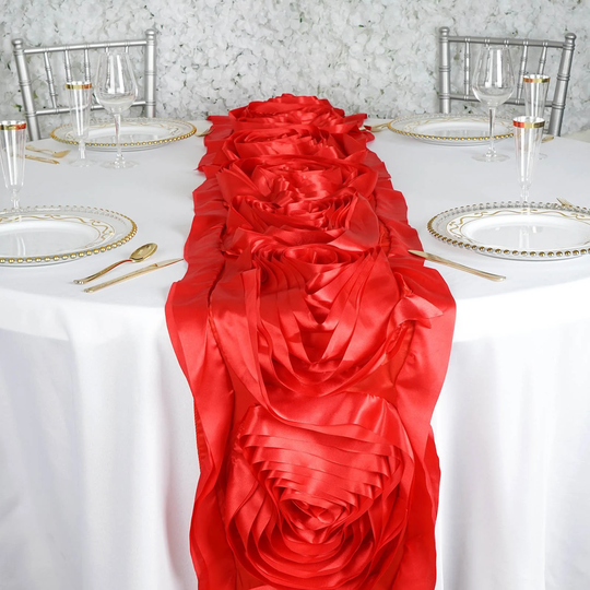 13"x104" | Red Large Rosette Table Runner, Premium Satin Wedding Runners, Fabric