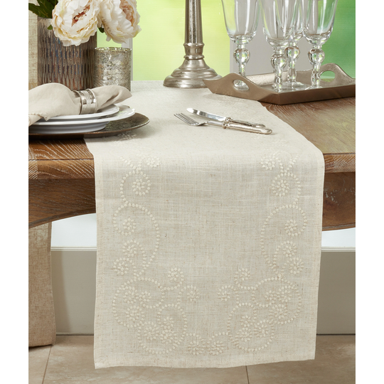 Embroidered Swirl Design Natural Linen Blend Table Runner