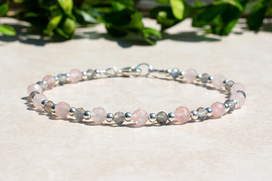 Labradorite & Pink Quartz Beaded Bracelet, Womens Sterling Silver Gemstone Tiny Delicate Jewelry, Mothers Day Gift For Her