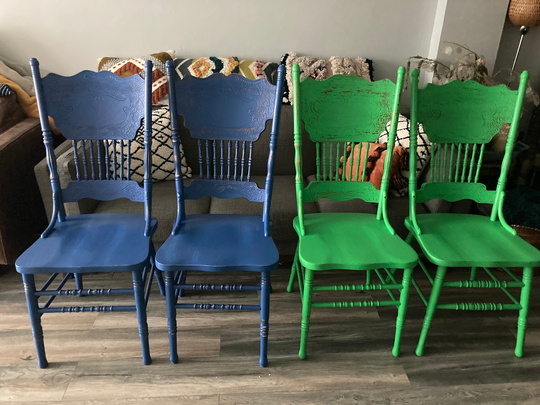 Chairs Vintage Farmhouse Custom Painted Shabby Chic Kitchen Mis Match 4 Chair Green & Blue