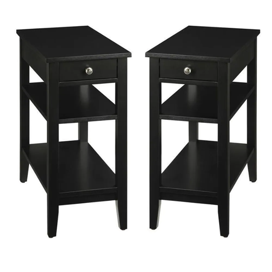 3-Tier End Table with Drawer in Black Wood Finish - Set of 2 - 54 x 84