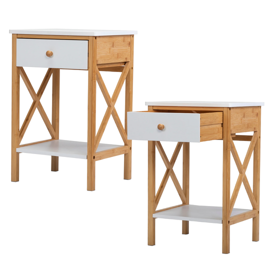 Bamboo Nightstand Set of 2, Wood End Table with Drawer, Storage Shelf, X-Shape Frame, Side Table, White and Natural