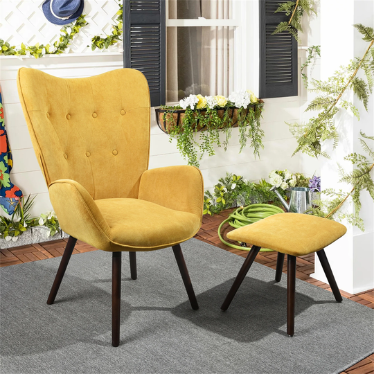 Orange Velvet Accent Chair Ottoman Set Wingback Armchair Tufted Back
