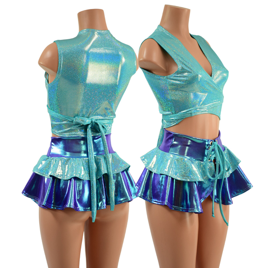 Seafoam Wrap & Tie Top Moonstone Ultra Mini Open Front Double Tier Skirt With Tie Short Ruffle Emk1579214