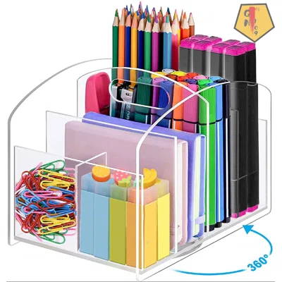Rotating Art Supply Desk Organizer, Acrylic Pen Holder Desk 6 Compartments, Desktop Stationery Organizer Caddy Pen, Colored Pencil, Art Brushes, Marke