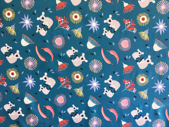 Baby Koala & Gum Flora Teal Blue Quilting Cotton Fabric By 1/4, 1/2 Yard Or Fat Quarter, Australian Wild Bush Animal