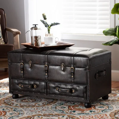 Mohonk Modern Transitional Distressed Dark Brown Faux Leather Upholstered 2-Drawer Storage Trunk Ottoman