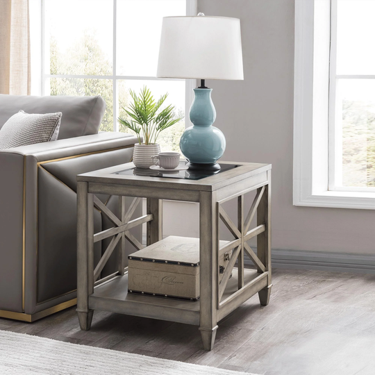 End Table Solid Wood And Tempered Glass Top Coffee, Console, Sofa & End Tables