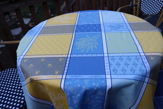 Round Tablecloth 60" Diameter For A Table Up To 4 Guests. Blue Yellow. Country Lavender Olives Print. French Oilcloth Provence Linen
