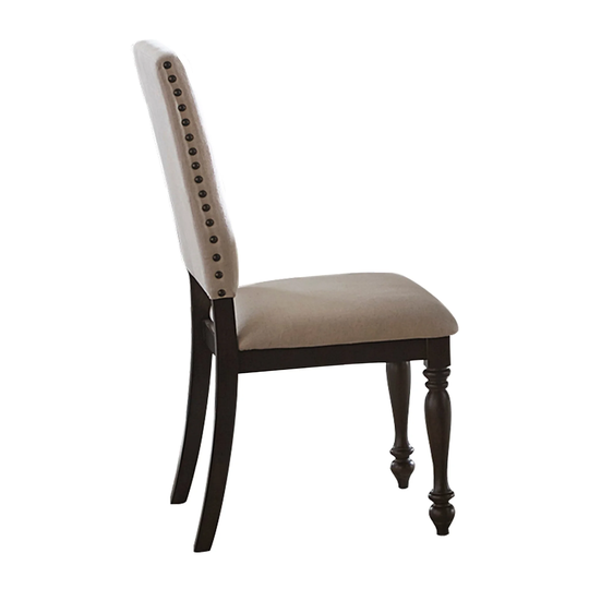 Wooden Side Chair with Padded Seat and Nailhead Trims, Brown and Beige - 12 H x 17.75 W x 40 L Inches