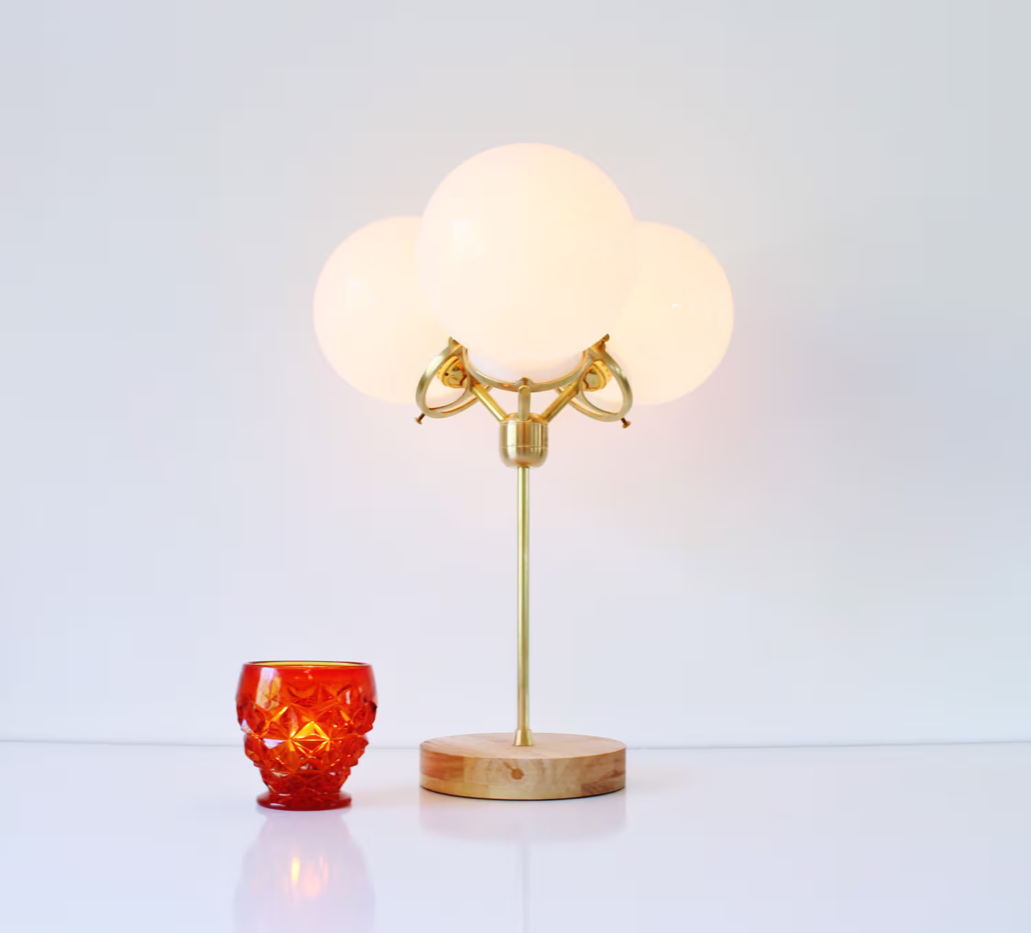 Table Lamp, Modern Brass 3 White Frosted Glass Bubble Globes, Wood Base, Desk Light