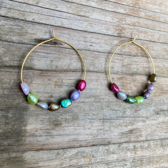 Gold Pearl Hoop Earrings- Multi Color Pearls - Earrings Small Hoops Minimalistic