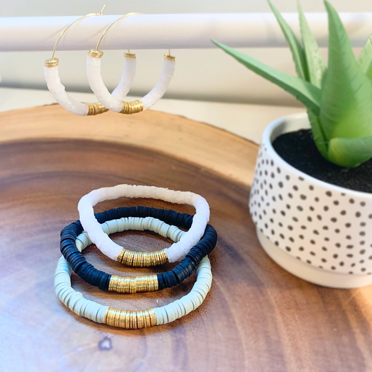 More Colors Heishi Beaded Wire Hoop Earrings & Bracelet Set, Bohemian Jewelry, Gold Silver Hoops, Boho Earrings, Disc Bracelets