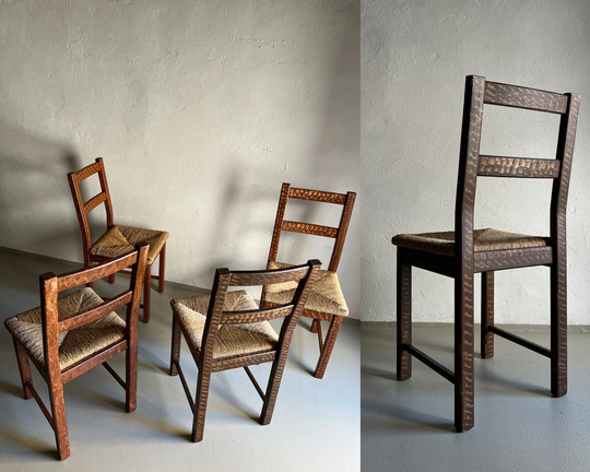 4 Primitive Wooden Chairs/Rush Seat/Vintage