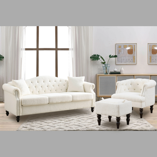 3+1 Combination of Chesterfield 3 Seater Sofa and Chair Modern White Teddy Padded Seat Sofa