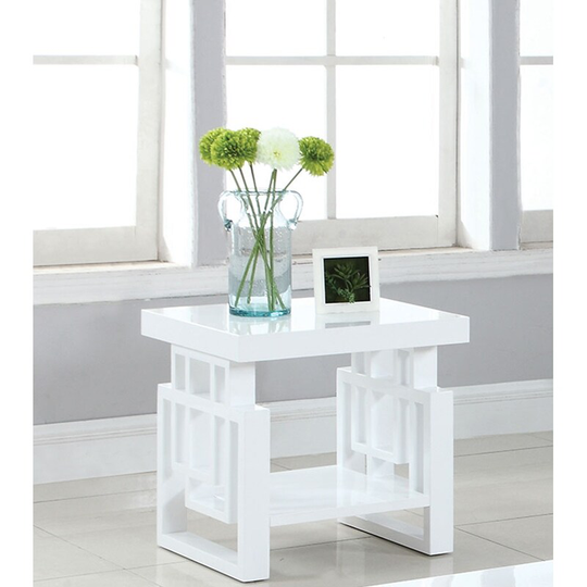 Contemporary Wooden End Table With Designer Sides & Shelf, Glossy White - 22 H x 22 W x 19.75 L Inches