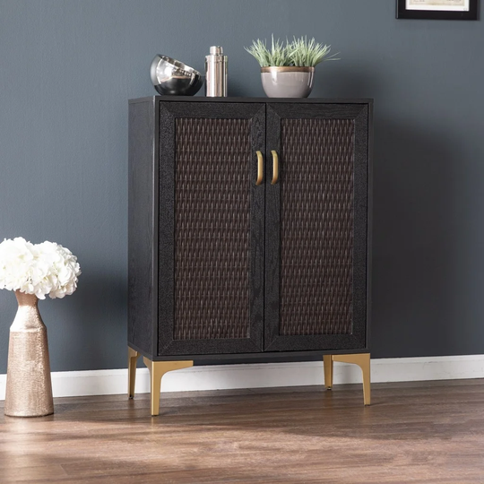 Modern Rustic Black Gold and Faux Rattan Bar Cabinet