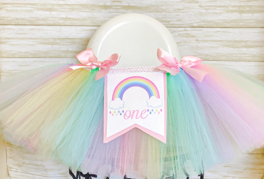 Pastel Rainbow 1st Birthday High Chair Tulle Tutu, Unicorn Banner, Princess, Cake Smash