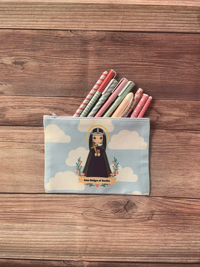 Saint Bridget Of Sweden Zipper Pouch, Bag, Pencil Makeup Childs Purse, Catholic Gift, Veil Bag