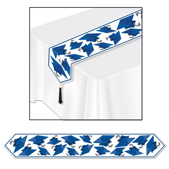 Beistle 11" x 6' Printed Graduation Cap Table Runner, Blue - 12 Pack (1/Pkg)