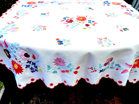 Hand Embroidered Vintage Tablecloth. Hungarian Table Top With Floral Pattern Made in Kalocsa. Colorful Embroidery Gift For Her