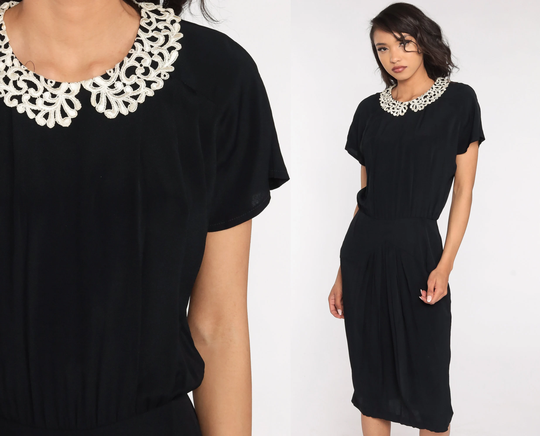 Vintage Gothic Dress 80S Lace Peter Pan Collar Wednesday Addams Midi Bohemian High Waisted 1980S Wiggle Pencil Small S