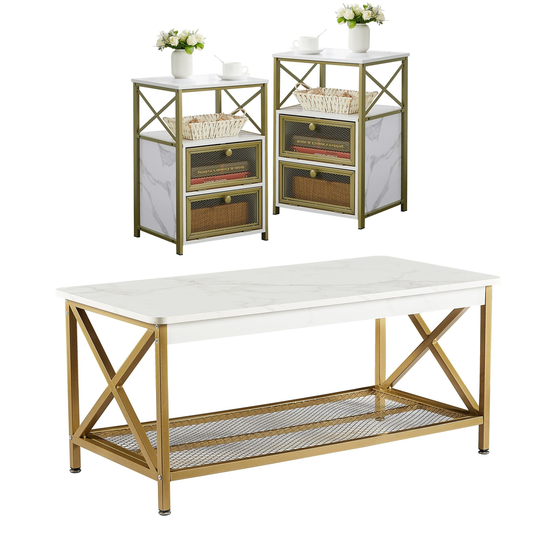Industrial Coffee Table Set of 3, Rustic Brown Sofa Table and Nightstands Set of 2