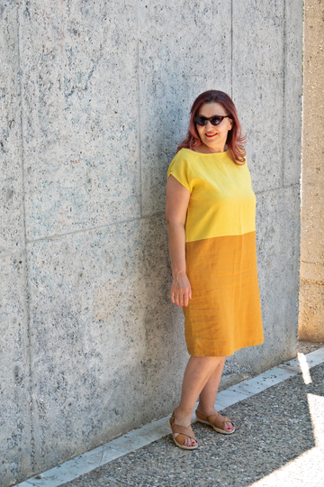 Mila Handmade 2 Color Sleeveless Linen Dress With Side Pockets, Yellow & Dark Camel Modern Unique Soft Pure Two Colors Loos Fit Drees