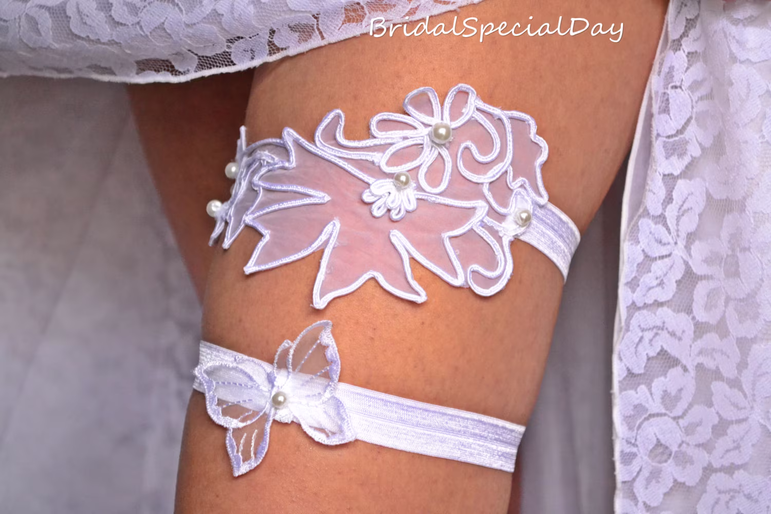 White Lace Wedding Garter Butterfly Applique Bridal Handknitted With Pearls - Handmade Set
