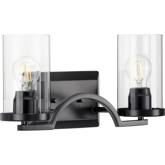 Lassiter Collection Two-Light Matte Black Clear Glass Modern Bath Vanity Light - 16 in x 5.5 in x 8 in