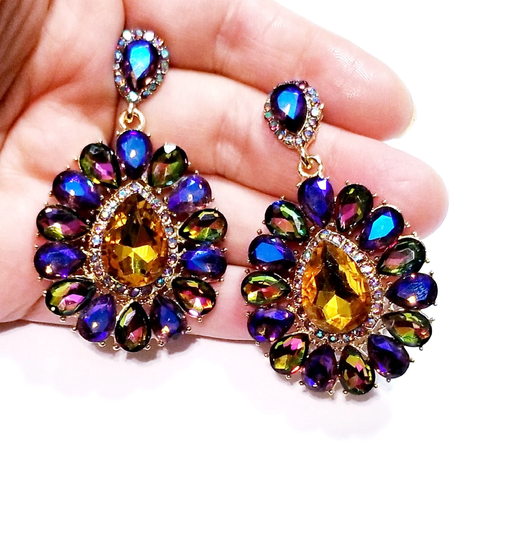 Color-Shift Drop Earrings, Bridesmaid Rhinestone 2.5 Inch Chameleon Jewelry, Crystal Chandelier Gift For Her