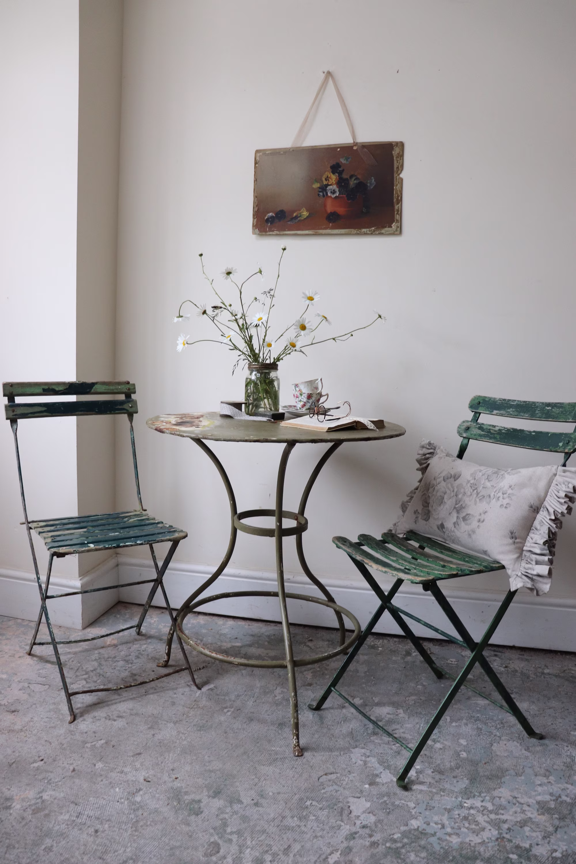 Lovely Vintage French Metal Garden Table With Original Olive Green Shabby Paintwork