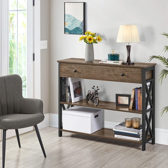 Modern Console Table Drawer 3 Tier Storage Taupe Wood - 54 x 84