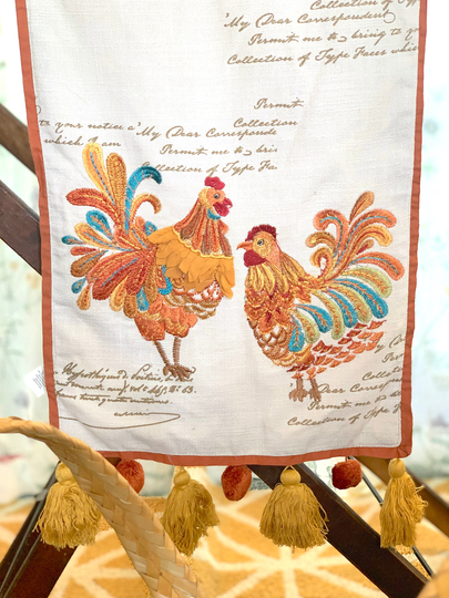 Long Farmhouse Table Runner Featuring Embroidered Chickens/Rooster & Hen Chicken Dining Decor Lovely Oranges, Teal, Green