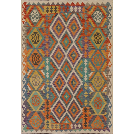 Multi-Color Geometric Kilim Oriental Area Rug Flat-weave Wool Carpet - 5'2"x 7'0"