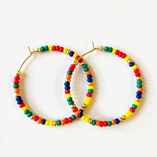 Colorful Beaded Hoop Earrings in Primary Colors, Seed Bead For Women, Handmade Earrings, Fun Unique Birthday Gift Her