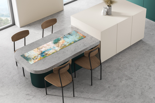Abstract Art Coffee Table Runner Printed On Vinyl Fabric, Teal Long Runner, Washable Housewarming Gift
