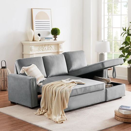 Grey Modern Velvet Reversible Sleeper L-shaped Sectional Sofa