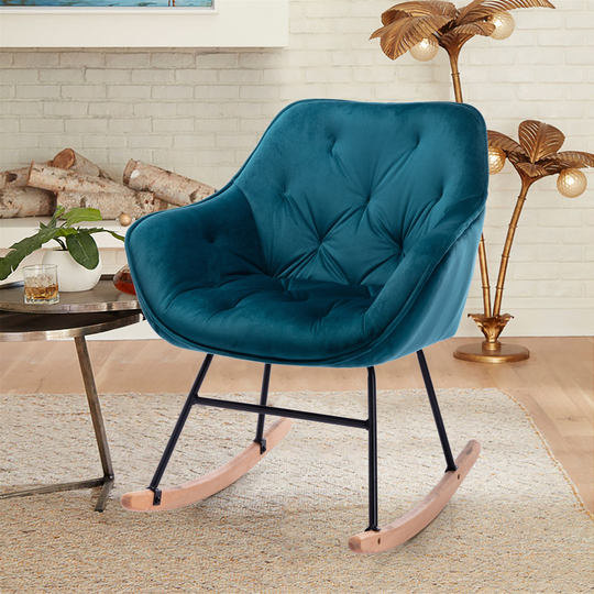 Mid-Century Modern Velvet Accent Rocking Chair with Upholstery Tufted Back&Seat and Wood Legs
