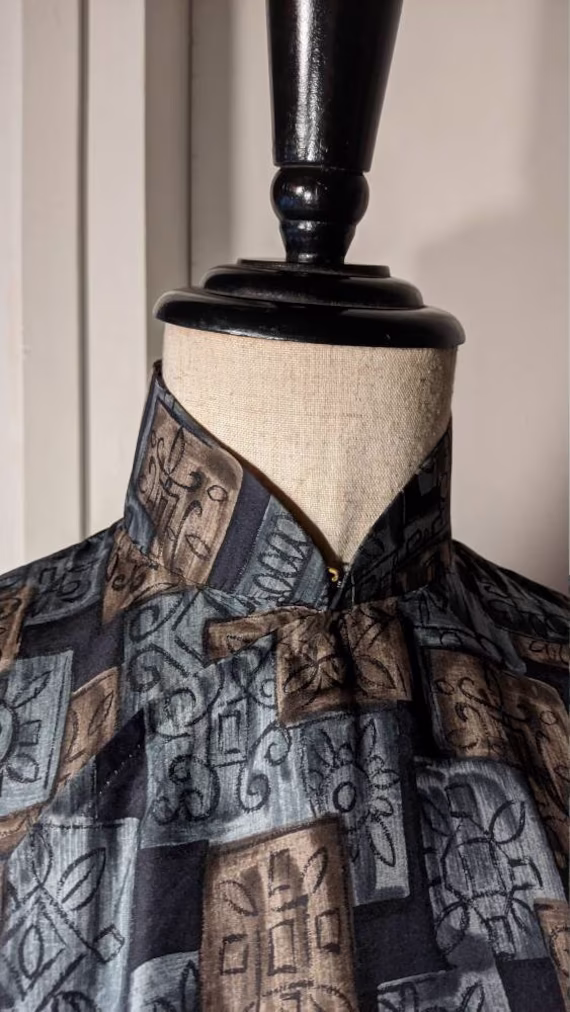Vintage 1950 - 60S Cheongsam | Classic Short Sleeves Knee Length Pencil Dress Brown Navy Grey Dali Abstract Silk Handstitch Antique