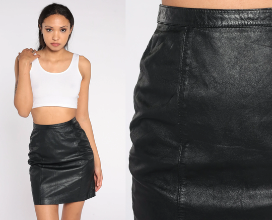 Black Leather Pencil Skirt 90S Mini Boho Bodycon Wiggle Party Goth Punk High Waisted Retro Tight Vintage 1990S Extra Small Xs