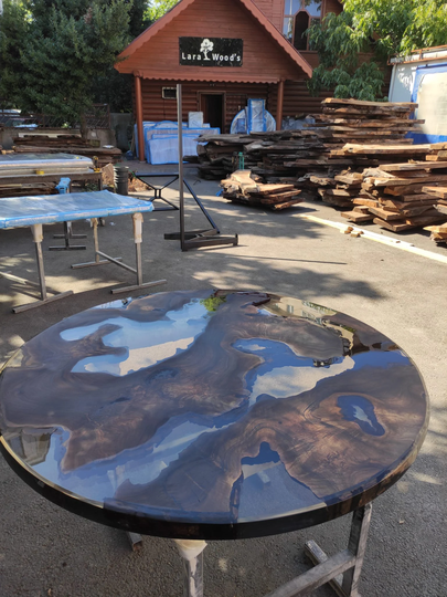Round Dining Table, Epoxy Coffee Custom 50" Diameter Walnut Wood Smokey Gray Resin Order For Bella